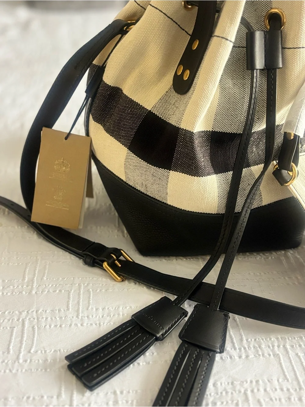 Burberry Black and Cream Check Bucket Crossbody with Pouch